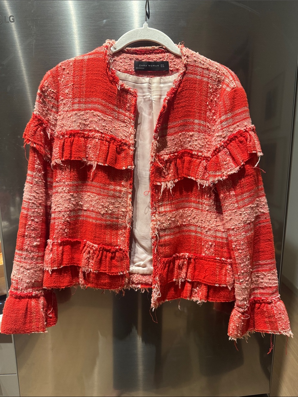 Zara Woman Red Fringe Tweed Cropped Blazer